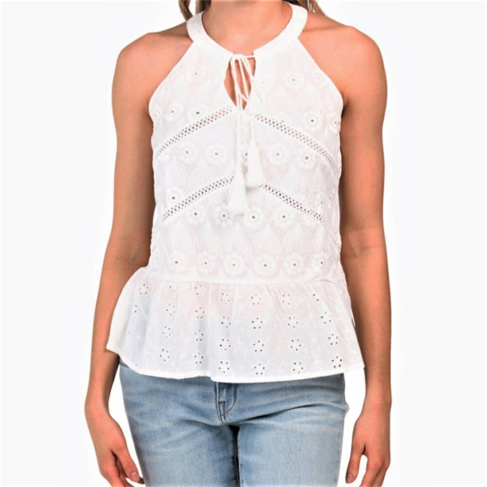 NWT ADIVA Floral Eyelet Peplum Hem Tassels Tie Cotton Tank Top